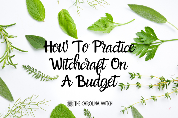 How to practice witchcraft on a budget blog post title with a picture of a white background covered with the leaves of different herb plants
